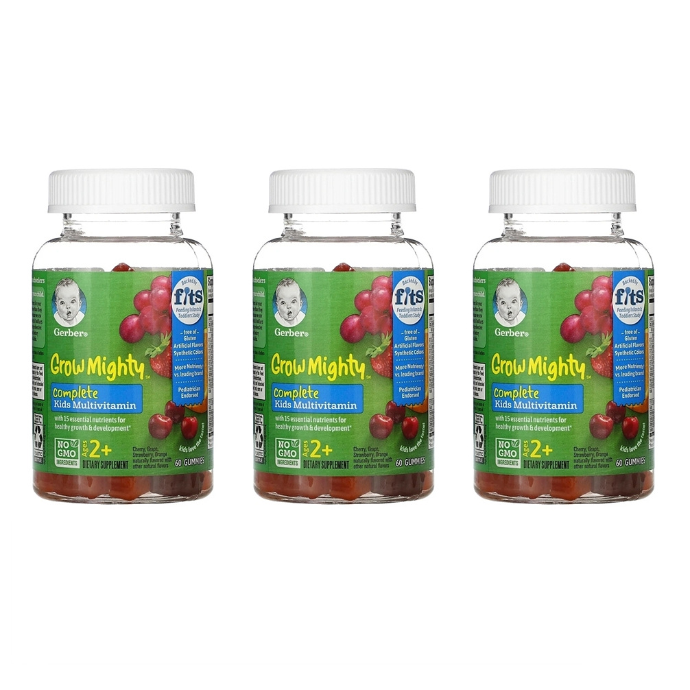 거버 <b>키즈 멀티비타민</b> 구미 60정 3팩 Gerber, <b>Grow Mighty</b>, <b>Complete Kids</b> Multivitamin, Ages 2+