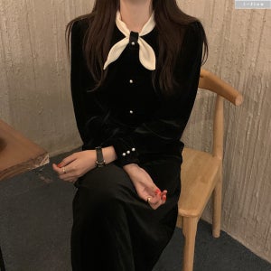 초이 배색 리본 벨벳 롱원피스 2color 가을 겨울 슬림라인 진주 버튼 모임 제이플로우