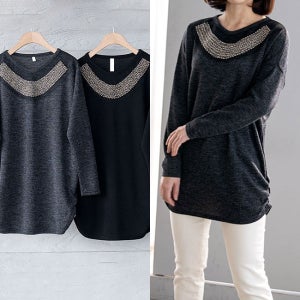 66 110 빅사이즈 루즈핏 봄 가을 여성 스판 브이넥 모티브 비쥬 장식 스판 니트 티셔츠