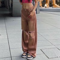 빈티지 찢어진 뜨거운 헐렁한 갈색 청바지 조깅 패션 높은 허리 데님 바지 STREETWEAR 그런지 FAIRYCORE