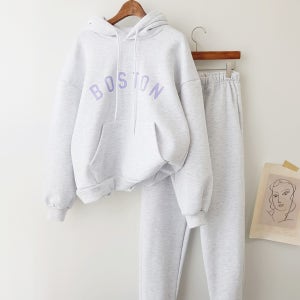 (포근기모SET) 컬러 보스톤 레터링 후드 맨투맨 티셔츠+밴딩 조거바지 겨울 추리닝 세트