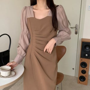 시스루 배색 롱 원피스 무지 셔링 트임 실크 오간자