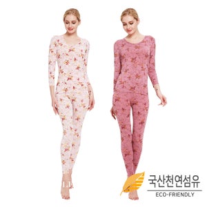 국산 가볍고 따뜻한 꽃무늬 자연섬유 나염 여성 얇은 내복 9부 사계절내복 상의 하의 세트