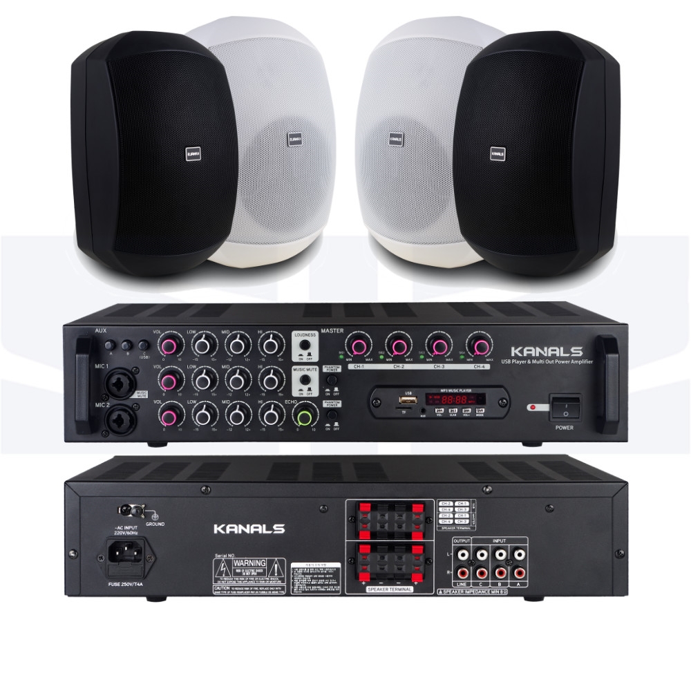 카날스 앰프 스피커 세트 4채널 파워앰프 400W 1개+벽걸이 방수스피커 5.5인치 8개