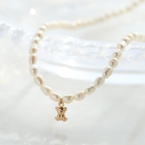 14k 곰돌이 펜던트 선물 담수진주 초커 목걸이