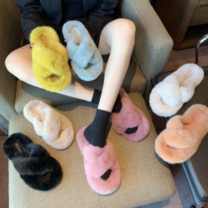 1+1 퍼 크로스 스트랩 겨울 털 슬리퍼