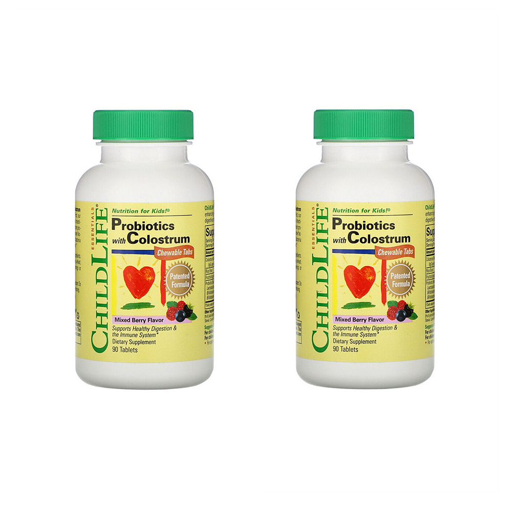 ChildLife Probiotics <b>with</b> Colostrum 차일드라이프 초유 함유 <b>프로바이오틱스</b> <b>믹스베리</b>맛 츄어블 90정 2팩