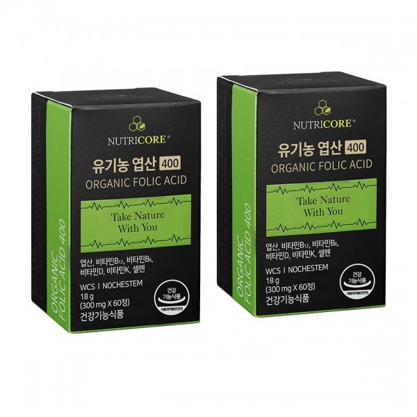 뉴트리코어 <b>유기농 엽산</b> 400 60정 x 2개 임신 중기 초기 준비 활성형 출산후 영양제 선물