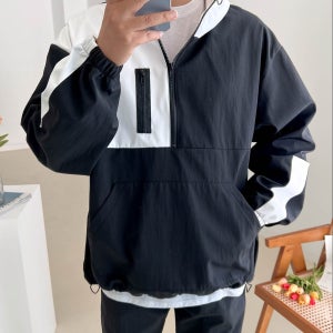 남자 기모 아노락 점퍼 겨울 배색 후드 반집업