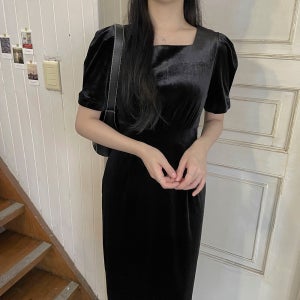 (세일) 파리 벨벳 스퀘어 반팔 롱원피스