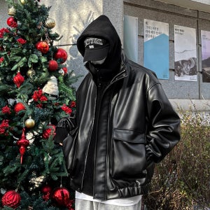 오버핏 레더 블루종 1컬러 블랙 남자 남성 여자 여성 공용 미니멀 가을 겨울 가죽 점퍼