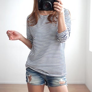 여성 이슈 스트라이프 단가라 줄무늬 라운드 면 가을 봄 긴팔 티 티셔츠