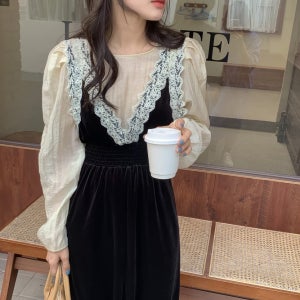 레이스 자수 벨벳 밴딩 롱 원피스 데이트 여리여리 레이어드