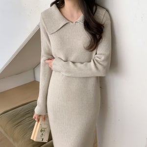 1537 여성스러운 양면 카라 골지 니트 롱 원피스 결혼식 하객 봄