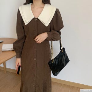 아멜 코듀로이 이중카라 머메이드 롱원피스 2color 제이플로우 슬림라인 버튼 하객 모임