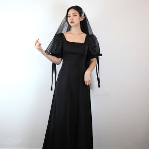 블랙 리본 반팔퍼프 셀프웨딩드레스 (S-4XL코르셋)빅사이즈 검정 스냅촬영 2부피로연 돌맘