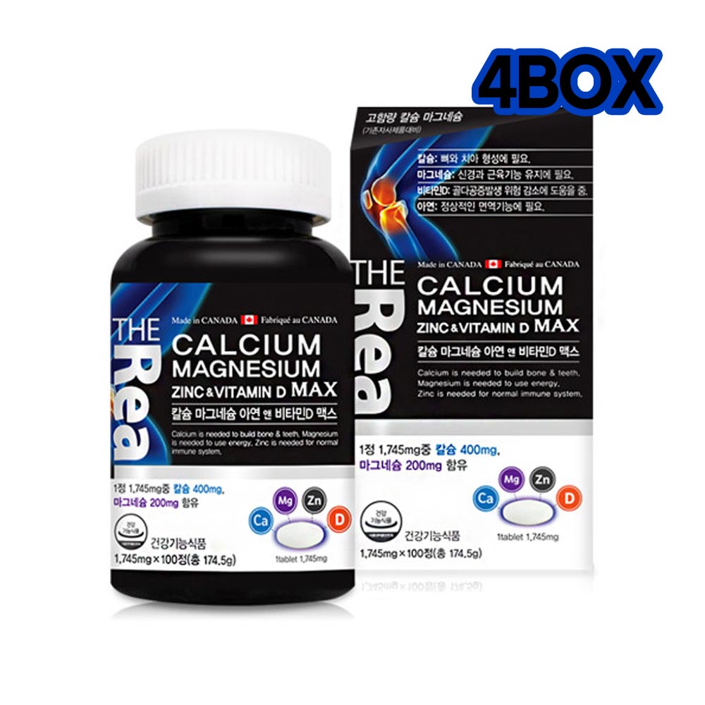 <b>더리얼</b> <b>칼슘</b> 마그네슘 아연&amp;비타민D 맥스 1745mg x 100정 400일분 (4개)