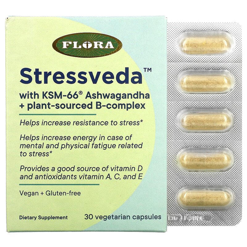 Flora, <b>Stressveda</b>, KSM-66 아슈와간다 식물성 원료 B-복합체 함유, 베지 캡슐 30정