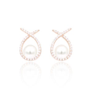 릴리 진주 리본 크리스탈 큐빅 은침 드롭 귀걸이