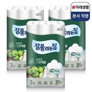 미래생활 잘풀리는집 브리즈 그린애플 3겹 무형광 화장지 25m, 30롤, 3팩