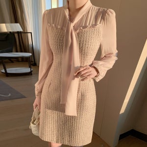 금사 트위드 패브릭 쉬폰 리본 타이 배색 미니 원피스 결혼식 하객룩 op12975