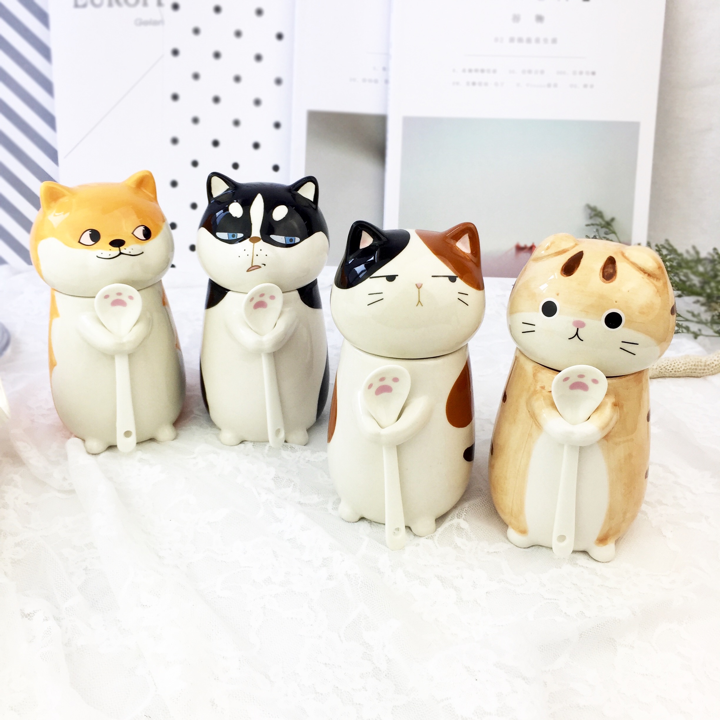 예쁜 커플 뚜껑 티스푼 조합 세라믹 귀여운 고양이 캐릭터 머그컵 집사아이템 선물용