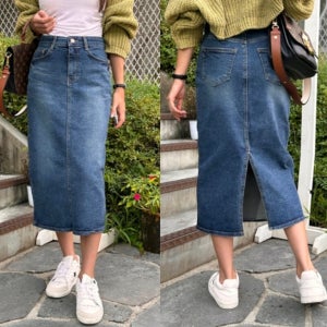 여름 H라인 밴딩 7부 데님 롱스커트 스판 뒷트임 미디청치마 빅사이즈 데님스커트