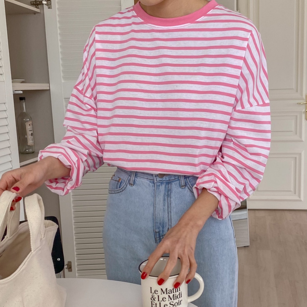 여름 데일리 핑크 단가라 롱티 긴팔 티셔츠 스트라이프 박스티