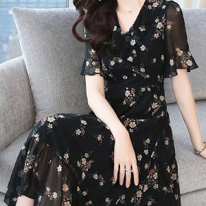 여성 꽃 플라워 패턴 프릴 반팔 블랙 원피스 브이넥 시스루 섹시 20 30대 프리사이즈