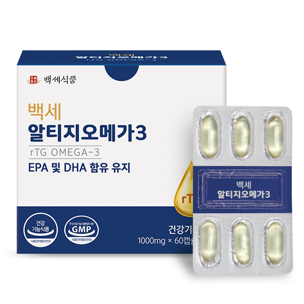 <b>백세식품</b> 식물성 연지캡슐 rTG 알티지<b>오메가3</b> EPA DHA 1000mg 60캡슐 4박스(3+1) 혈행개선 중성지방 눈건강