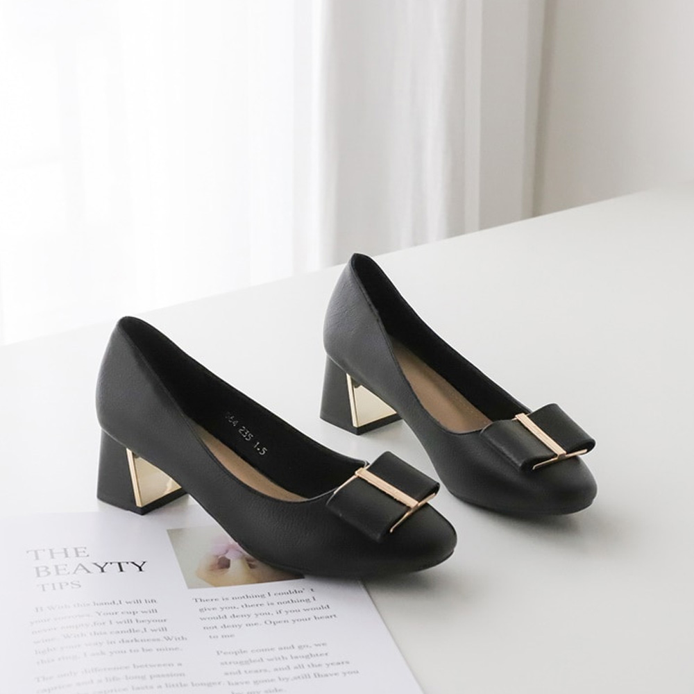 통굽 5cm 둥근코 리본 미들힐 펌프스