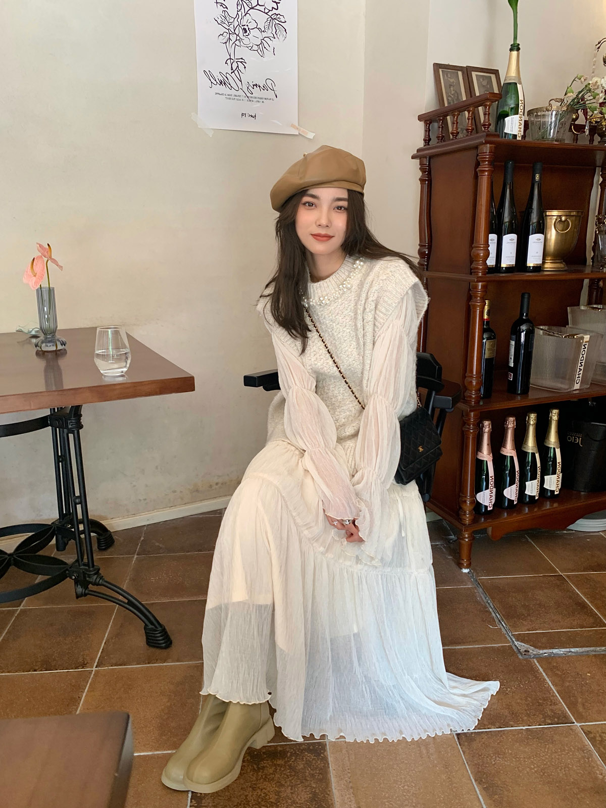 빈티지 프렌치 고급감 브이넥 원피스 여 가을 겨울 디자인 시크 쉬폰 롱스커트