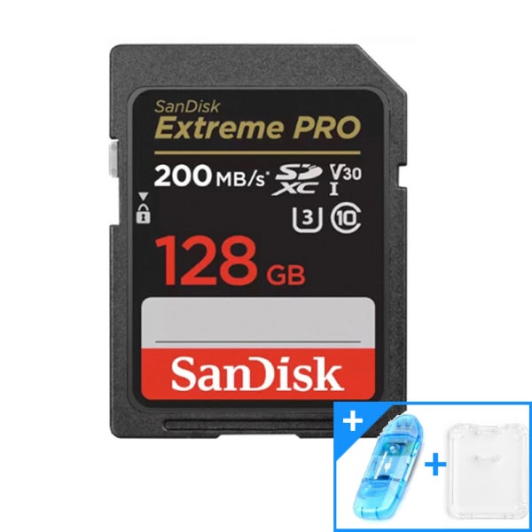 샌디스크 카메라 SD 메모리카드 캐논 소니 4K V30 익스트림 프로 128GB +SD리더기 케이스