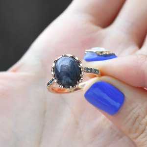 18K 10X12 블루 스타 사파이어 블루 다이아몬드 반지