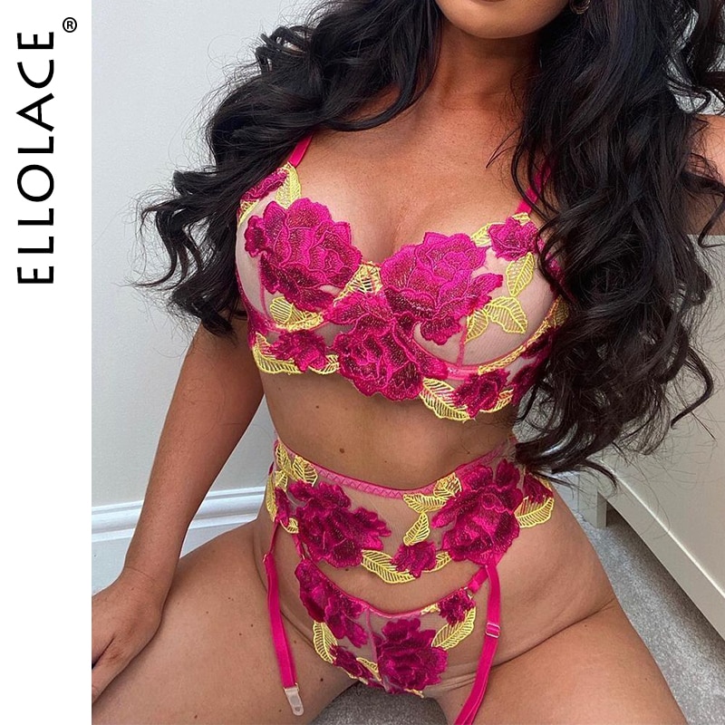 ellolace 꽃무늬 란제리 섹시한 멋진 속옷 자수 에로틱 브리프 세트 레이스 투명 언더와이어 브래지어와 끈 팬티 가터