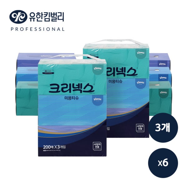 유한킴벌리 크리넥스 미용 각티슈 화장지 휴지 200매 콤비 3입x6팩(총18개)