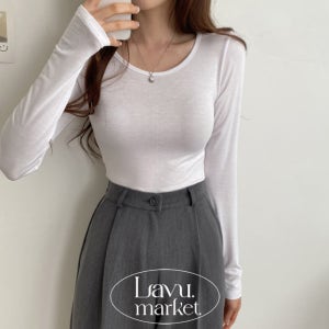 저세상텐션 허리 잘록 팔라인 여유 유넥 레이온 스판 기본 긴팔티셔츠