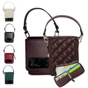 핸드스트랩세트 Z플립4 퀼팅다이아 가죽지퍼 카드4칸 지폐수납 힌지보호 일체형 제트플립케이스