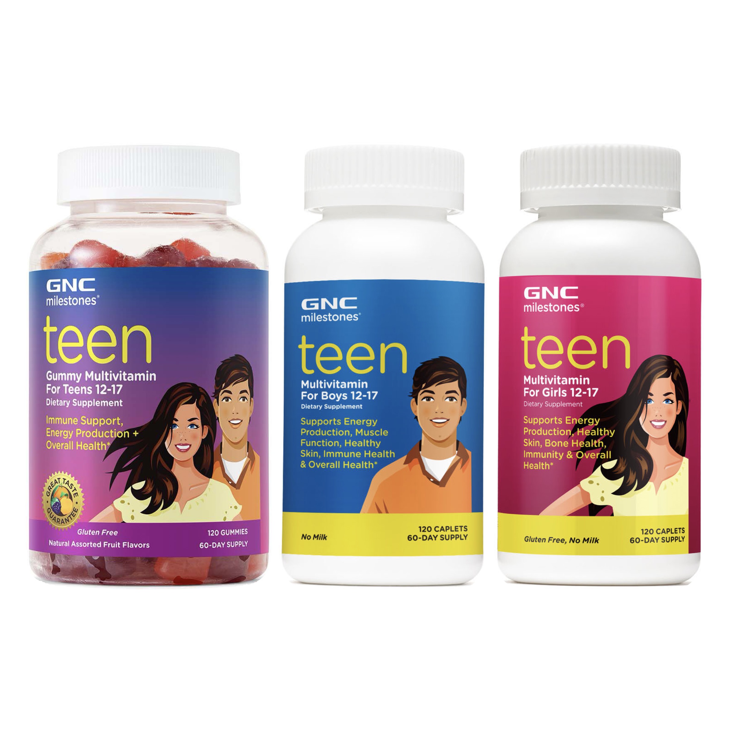 GNC Teen 마일스톤 12-17세 남자&amp;여자 청소년용 멀티<b>비타민</b> 120캡슐 x 2병