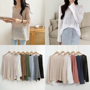 루즈핏 부클 그물 망사 니트티 브이넥 데일리 여름 가을 여성니트티