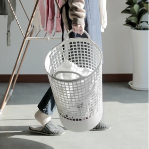 뚜껑있는 모노톤 40L 원형 바구니 적층 기숙사 캠핑 아기 빨래 보관함 세탁물 수납 수거