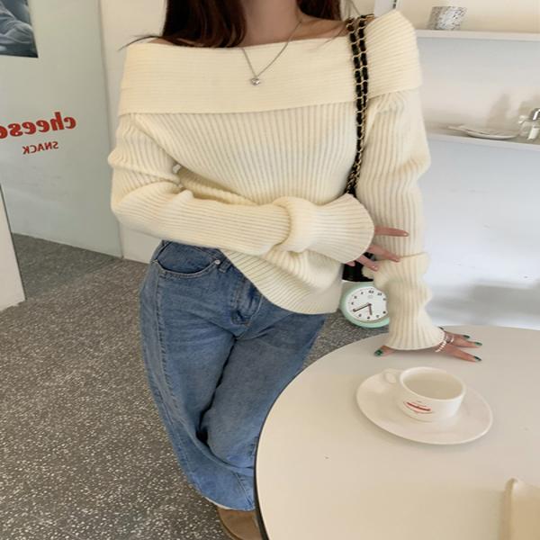 여성 슬림 데일리 오프숄더 골지 섹시 회색 크림색 아이보리 원 숄더 스웨터 쇄골 긴팔 미우새 미주 스타일 니트 티셔츠