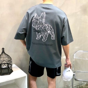 박스 뒷판 입체 강아지 자수 레터링 남자 여름 오버핏 반팔 티셔츠