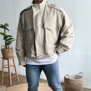남자 린넨 레옹 크롭 투포켓 카키 야상 오버핏 자켓 3컬러