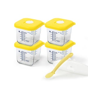 글라스락 베이비 큰용량 눈금 이유식 용기 스마일캡 270ml 4조 & 온도감지 실리콘 스푼 1조 세트