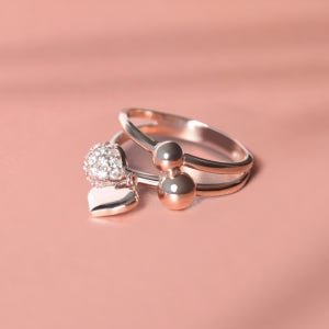 14K 다르시 하트 러블리 참 장식 딸랑이 사슬 체인 두줄 애끼 새끼 반지