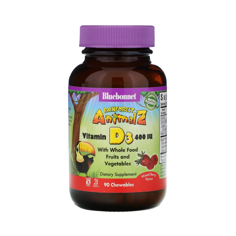 블루보넷 <b>레인포레스트애니멀즈 비타민</b>D3 믹스베리 90츄어블 콜레칼시페롤 블루베리 크랜베리