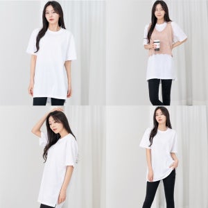 옆트임 여성 라운드넥 기본 면 오버핏 반팔 롱 이너 레이어드 흰색 티 티셔츠