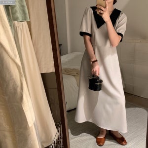 애나벨 배색 카라 맥시 여름 롱원피스 (아이베이지,블랙) 하객 모임 봄 고급소재 제이플로우