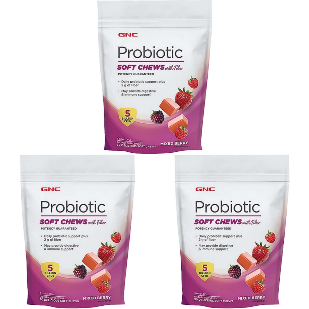 GNC Probiotic Soft Chews <b>with</b> Fiber 지앤씨 <b>프로바이오틱스</b> 50억 CFU 유산균 츄어블 <b>믹스베리</b>맛 30정 3팩